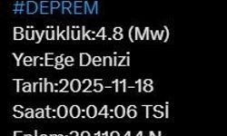 Ege Denizi'nde 4.8 büyüklüğünde deprem