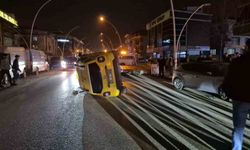 Sıkışan trafikte kontrolden çıkan taksi yan yattı