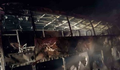 İşçi otobüsü alev alev yandı