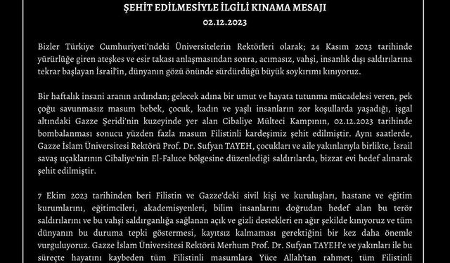 Üniversite rektörlerinden Gazze İslam Üniversitesi Rektörü Tayeh’in öldürülmesine kınama