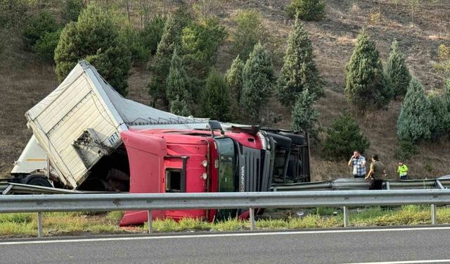 Kolonya yüklü tır devrildi, otoyol trafiğe kapandı