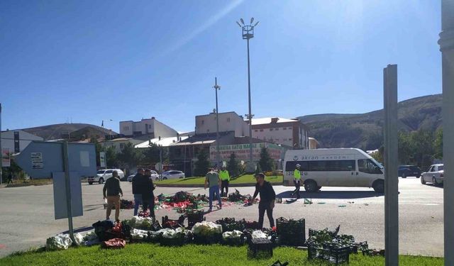 Yola savrulan pikabın içindeki sebze ve meyveler yola saçıldı