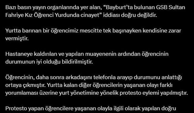 KYK, Bayburt’ta yurtta cinayet işlendiği iddiasını yalanladı