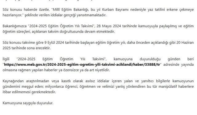 MEB’den erken yaz tatili iddialarına yalanlama