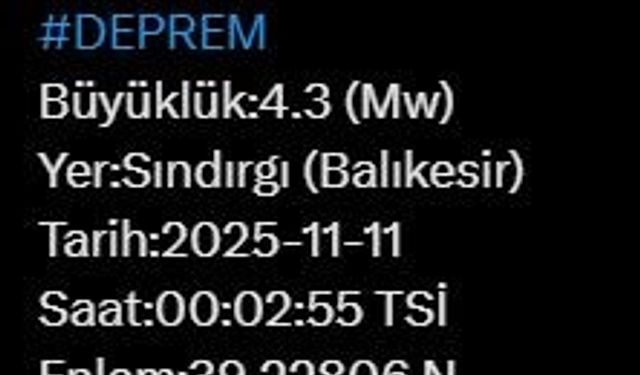 Balıkesir’de 4.3 büyüklüğünde deprem