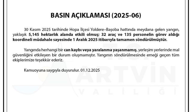 Artvin Valiliği: 'Hopa'daki orman yangını tamamen söndürüldü'