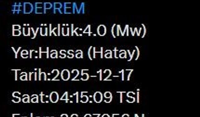 Hatay'da 4.0 büyüklüğünde deprem