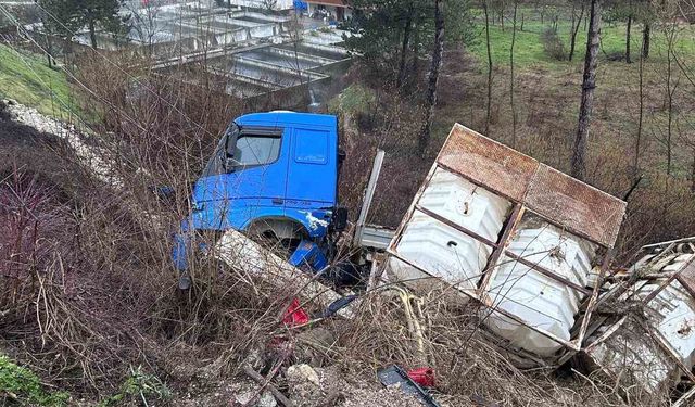 Bolu'da tır şarampole devrildi, elektrik direği zarar gördü