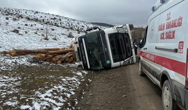 Bolu'da tomruk yüklü tır devrildi: 1 yaralı