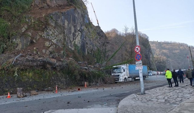 Artvin'de heyelan: Yamaçtan kopan kayalar tırda hasara yol açtı