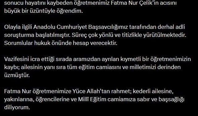 Bakan Gürlek: '(Öğretmen Fatma Nur Çelik) Olayla ilgili derhal adli soruşturma başlatılmıştır'