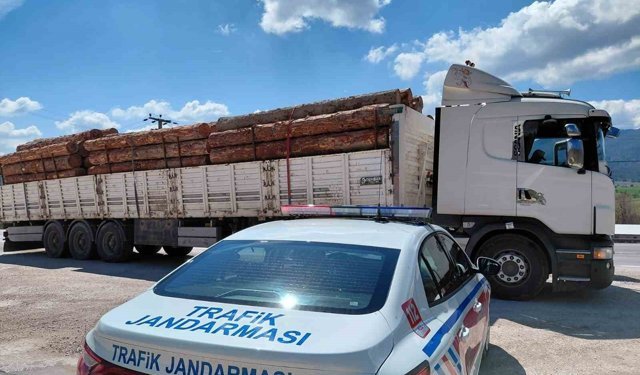 Bolu'da fazla tonajlı tomruk taşıyan kamyon sürücüsüne para cezası kesildi