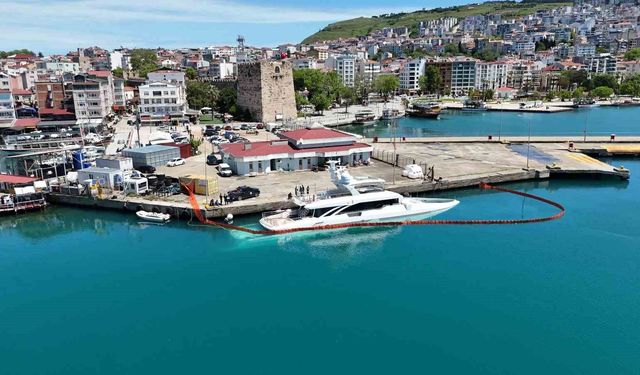 Sinop'ta yarıya kadar suya gömülen milyarlık lüks yat havadan görüntülendi