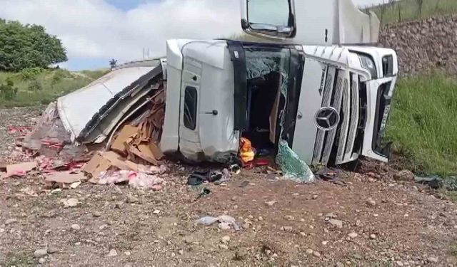 Amasya'da tavuk eti yüklü tır şarampole uçtu: 2 yaralı