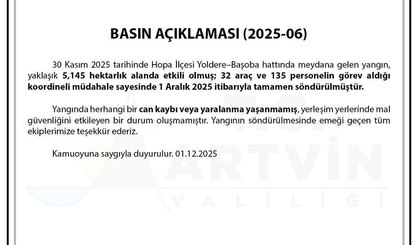 Artvin Valiliği: 'Hopa'daki orman yangını tamamen söndürüldü'
