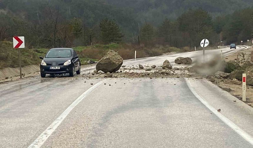 Bolu'da dağdan kopan kayalar yola indi: Sürücüler son anda kurtuldu