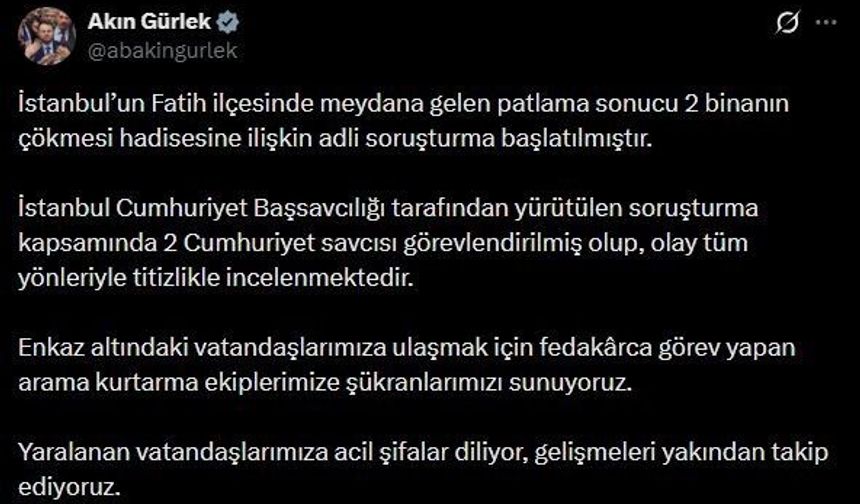 Bakan Gürlek: '2 binanın çökmesi hadisesine ilişkin adli soruşturma başlatılmıştır'