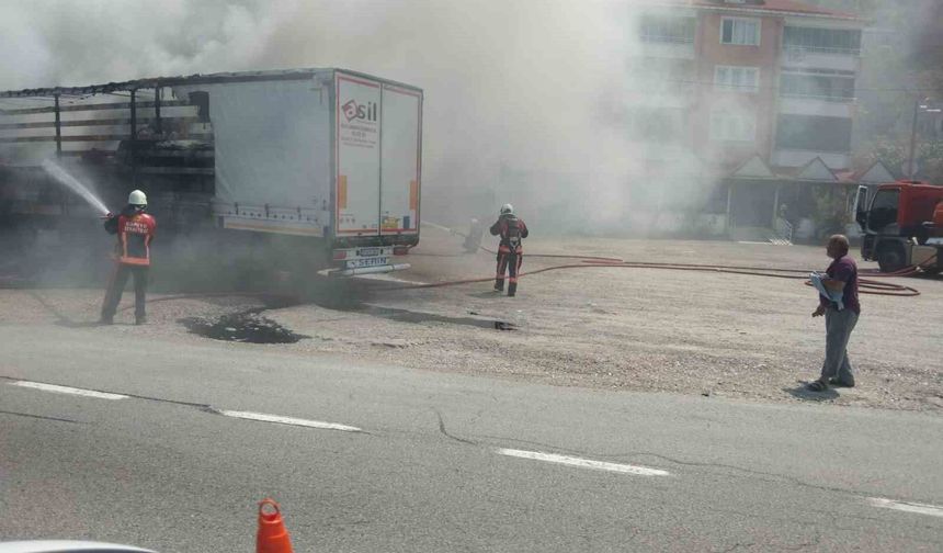 Giresun'da yol kenarındaki tırın dorsesinde yangın çıktı