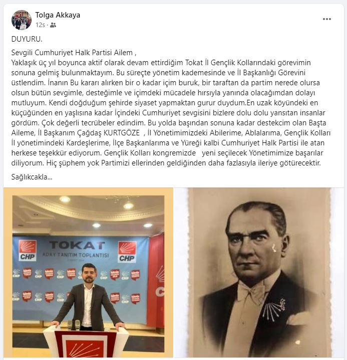 Tolga Akkaya, Chp Tokat Gençlik Kolları Başkanlığı Görevinden Ayrıldı (2)