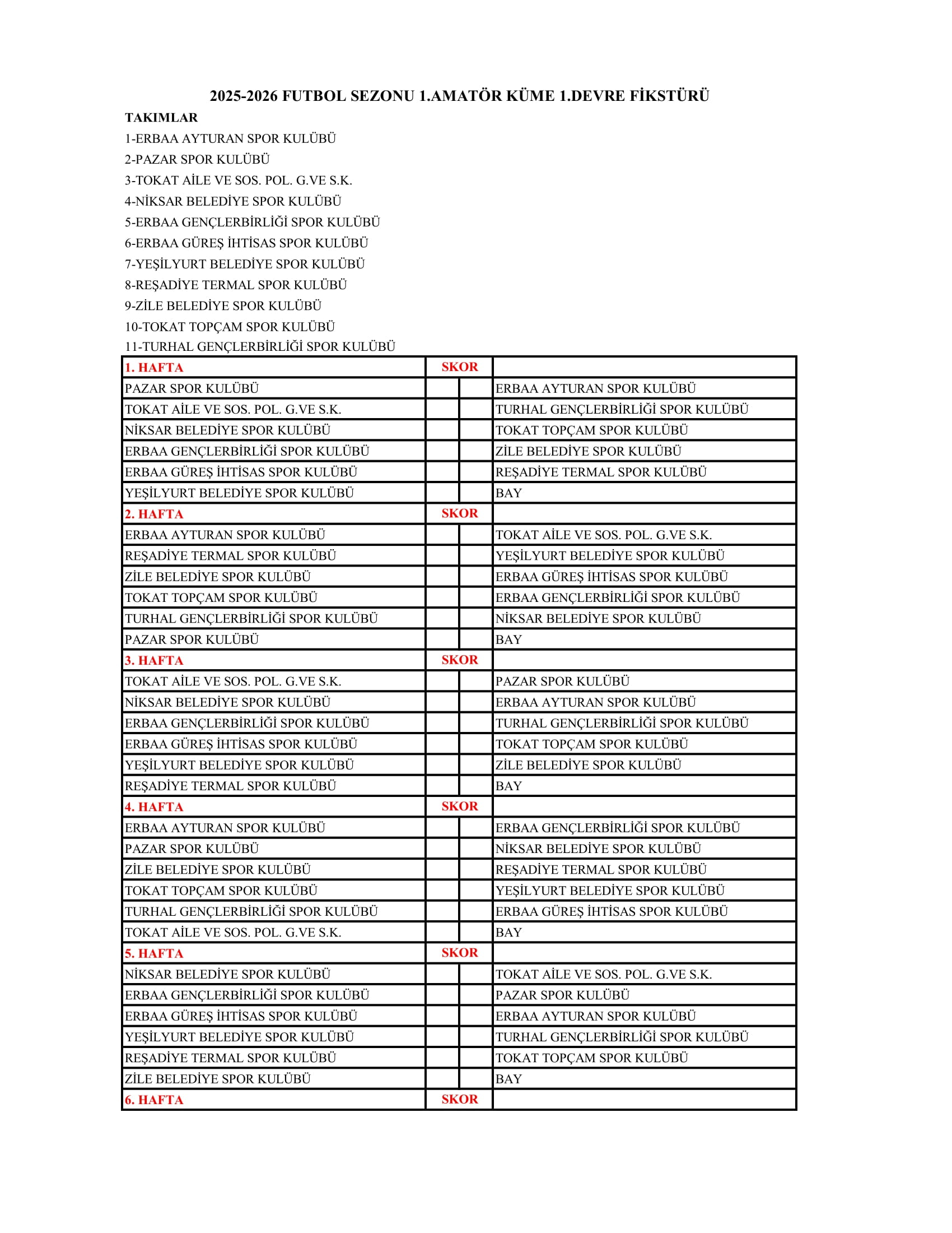 1.Amatör Küme 1.Devre Fikstürü 1