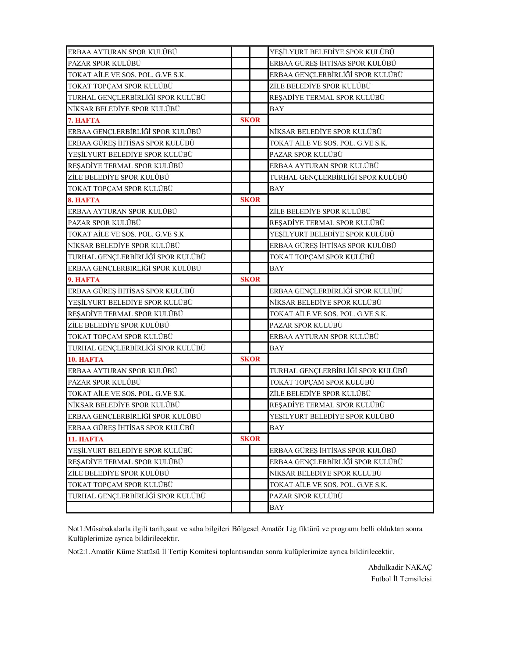 1.Amatör Küme 1.Devre Fikstürü 2