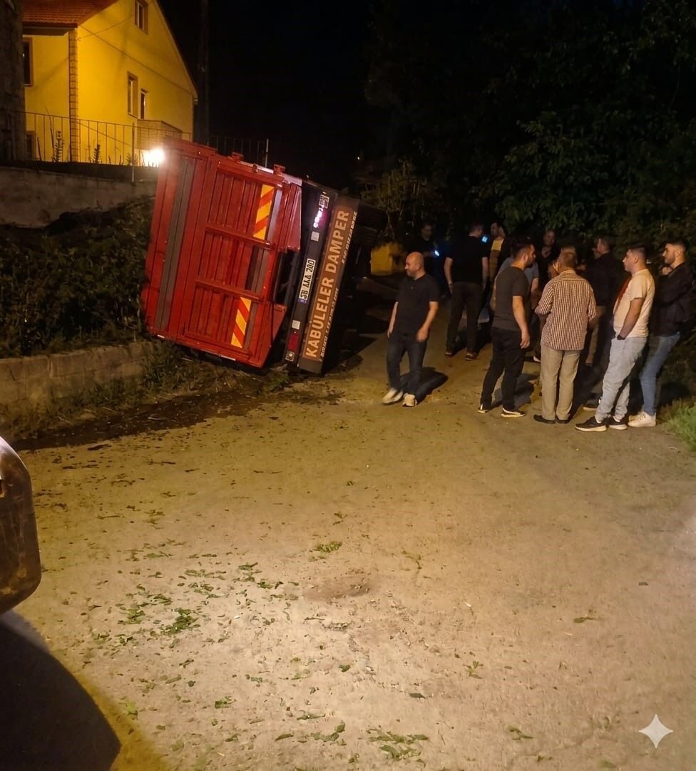 Giresun'da yaş çay yüklü kamyon devrildi
